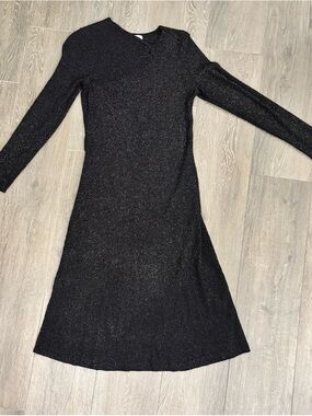 Shimmery Black Long Sleeve Knit Midi Dress